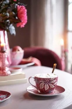 Pip Studio Tasse & Untertasse|Flower Festival Set/2 Cappuccino Tasse & Undertasse Dunkelrosa