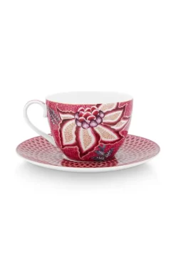 Pip Studio Tasse & Untertasse|Flower Festival Set/2 Cappuccino Tasse & Undertasse Dunkelrosa