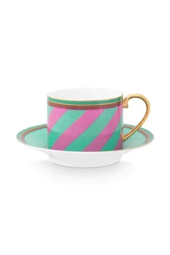 Pip Studio Tasse & Untertasse|Pip Chique Stripes Cappuccino Tasse & Untertasse Rosa/Grun