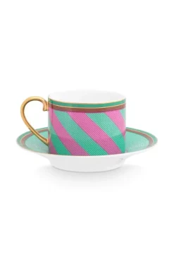 Pip Studio Tasse & Untertasse|Pip Chique Stripes Cappuccino Tasse & Untertasse Rosa/Grun