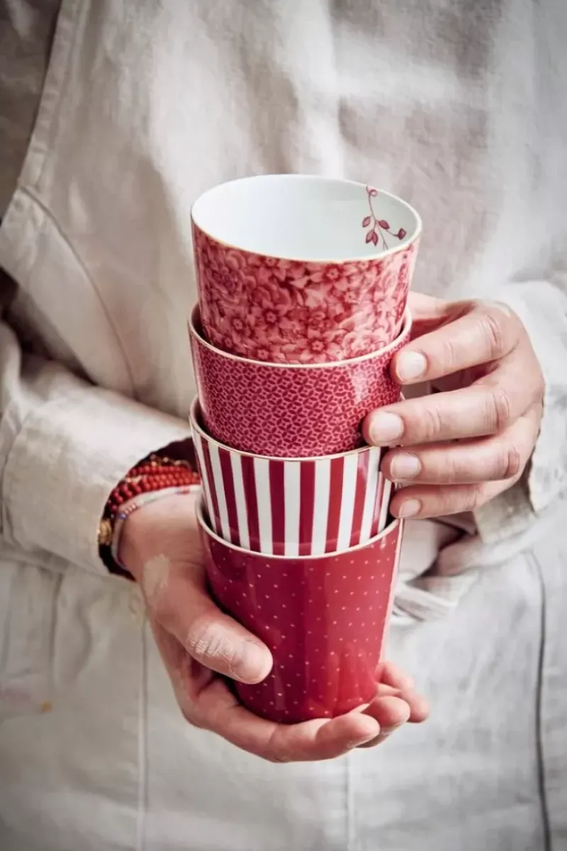 Pip Studio Kaffeetassen|Royal Stripes Tasse Blumen Dunkelrosa