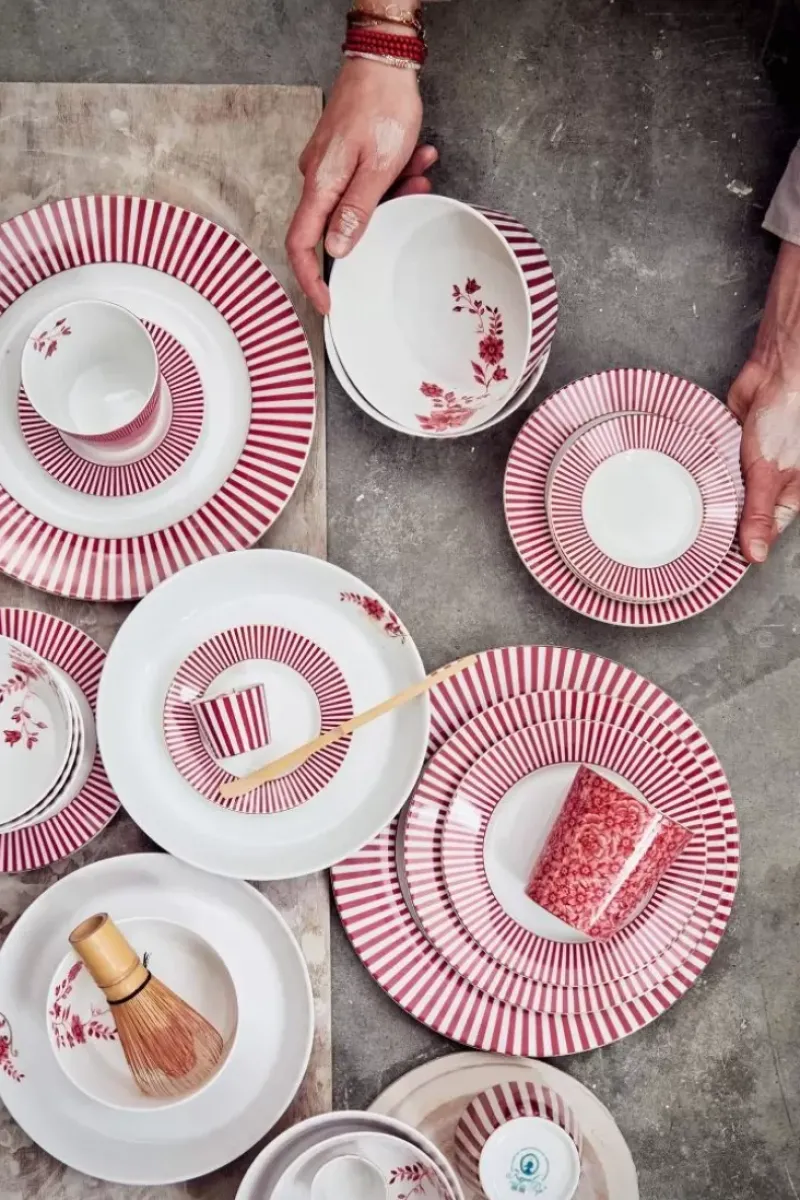 Pip Studio Kaffeetassen|Royal Stripes Tasse Blumen Dunkelrosa