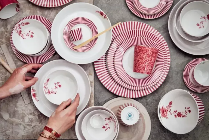 Pip Studio Kaffeetassen|Royal Stripes Tasse Blumen Dunkelrosa